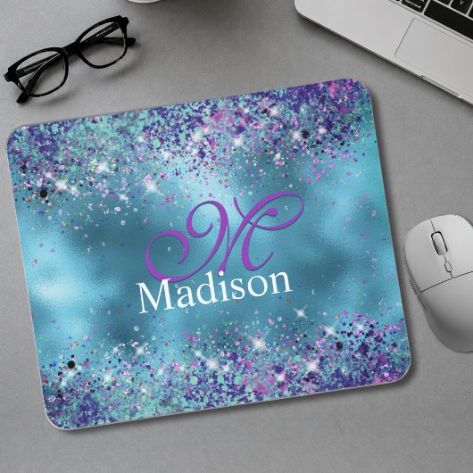 Chic Blue Pink Iridescent Glitzer Monogramm Mousepad