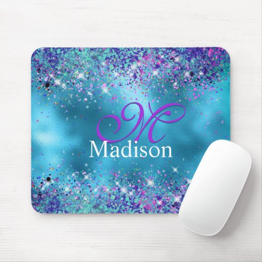 Chic Blue Pink Iridescent Glitzer Monogramm Mousepad (Mit Mouse)
