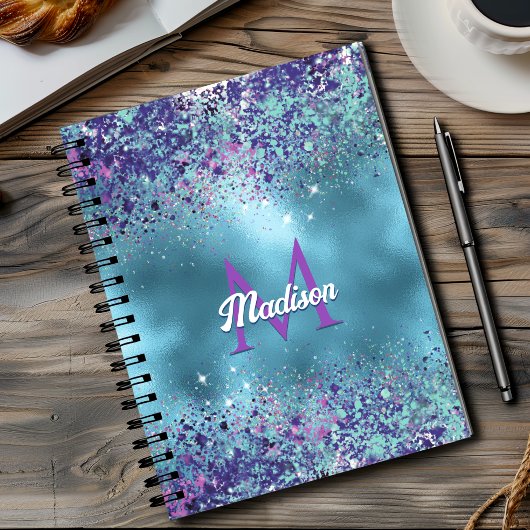 Chic Blue Pink Iridescent Glitzer Monogramm Notizblock