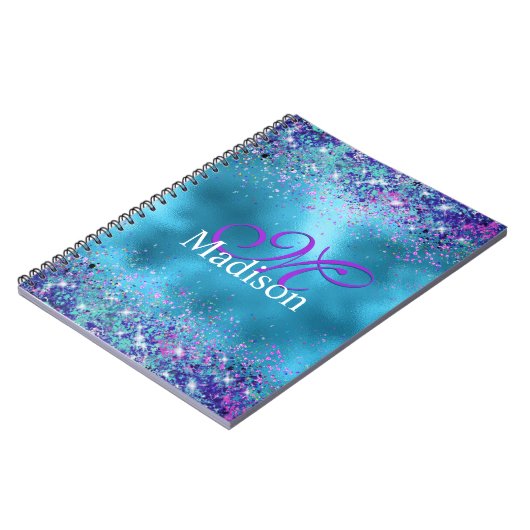 Chic Blue Pink Iridescent Glitzer Monogramm Notizblock (Linke Seite)