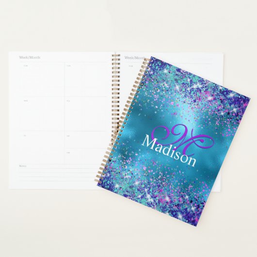 Chic Blue Pink Iridescent Glitzer Monogramm Planer (Anzeige)