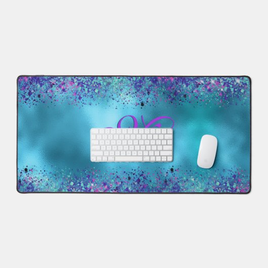 Chic Blue Pink Iridescent Glitzer Monogramm Schreibtischunterlage (Tastatur & Maus)