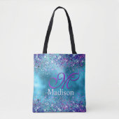 Chic Blue Pink Iridescent Glitzer Monogramm Tasche (Vorderseite)