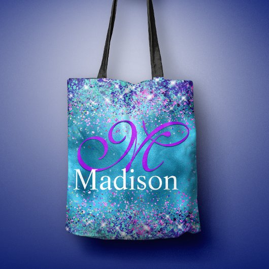Chic Blue Pink Iridescent Glitzer Monogramm Tasche