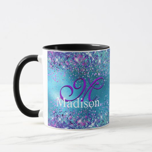 Chic Blue Pink Iridescent Glitzer Monogramm Tasse (Links)