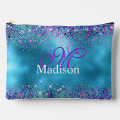 Chic Blue Pink Iridescent Glitzer Monogramm Zubehörtasche (Vorderseite)