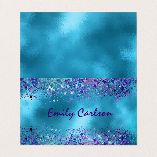 Chic Blue Pink Iridescent Glitzer Visitenkarten (Außenseite Aufgefaltet)