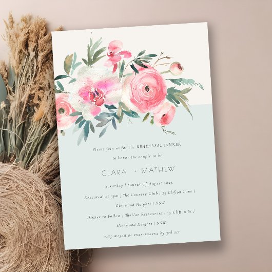 Chic Blue Pink Rose Orchid Flora Probe Abendessen Einladung