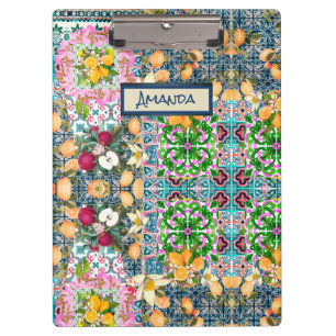 Chic blue pink sicilian citrus floral tiles dopp klemmbrett