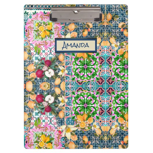 Chic blue pink sicilian citrus floral tiles dopp klemmbrett (Vorderseite)
