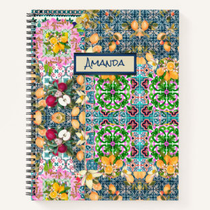 Chic blue pink sicilian citrus floral tiles dopp notizblock