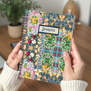 Chic blue pink sicilian citrus floral tiles dopp notizblock