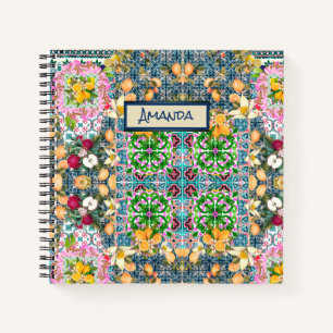 Chic blue pink sicilian citrus floral tiles dopp notizblock
