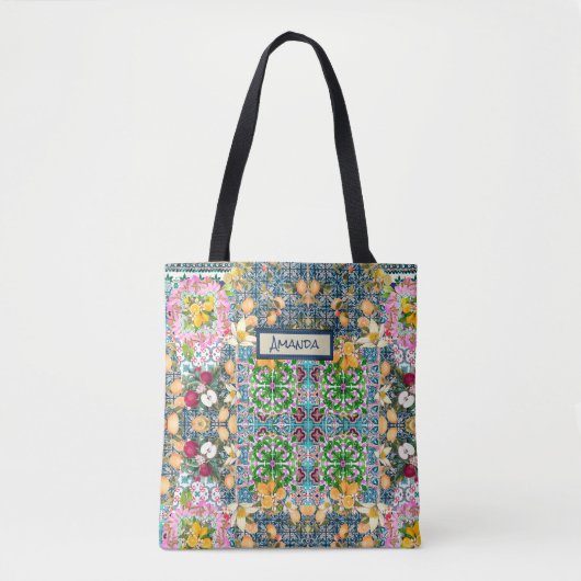 Chic blue pink sicilian citrus floral tiles dopp tasche (Vorderseite)