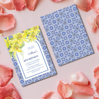 Chic Blue Portugiesisch Azulejo Yellow Lily Geburt Einladung