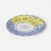 Chic Blue Portugiesisch Azulejo Yellow Lily Geburt Pappteller (Schrägansicht)