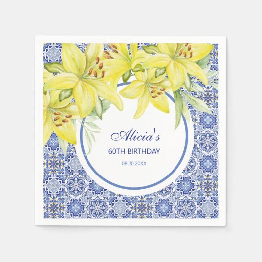 Chic Blue Portugiesisch Azulejo Yellow Lily Geburt Serviette (Vorderseite)