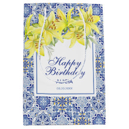 Chic Blue Portugiesisch Azulejo Yellow Lily Mittlere Geschenktüte