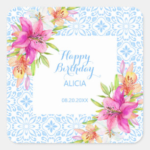 Chic Blue Portuic Azulejo Mosaic Lily Birthday Quadratischer Aufkleber