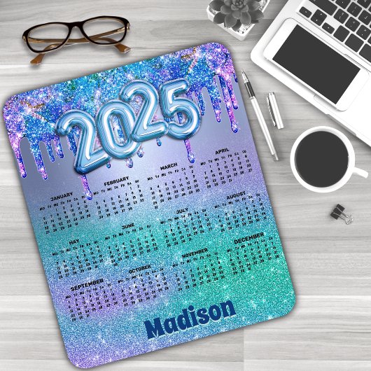 Chic blue purple glitter drips 2025 calendar mousepad