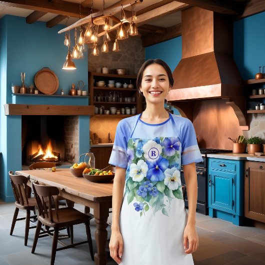 Chic Blue & Purple Shades Elegant Pansies Floral Schürze