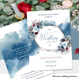 Chic Blue Red Burgundy Floral Watercolor Wedding Einladung