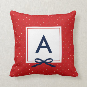 Chic Blue Ribbon Red Polka Dot Muster Monogramm Kissen