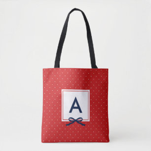 Chic Blue Ribbon Red Polka Dot Muster Monogramm Tasche