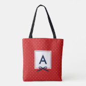 Chic Blue Ribbon Red Polka Dot Muster Monogramm Tasche (Rückseite)