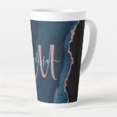 Chic Blue Rose Gold Agate Custom Script Monogram Milchtasse (Rechte Ecke)