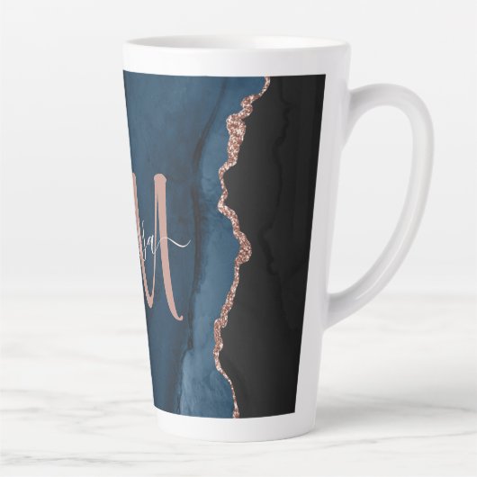 Chic Blue Rose Gold Agate Custom Script Monogram Milchtasse (Rechts)