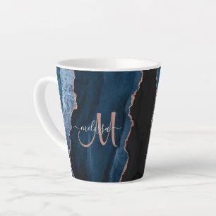Chic Blue Rose Gold Agate Custom Script Monogram Milchtasse