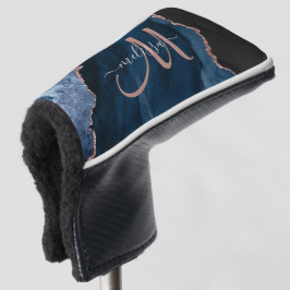Chic Blue Rose Gold Agate Glitzer Custom Monogram Golf Headcover