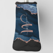 Chic Blue Rose Gold Agate Glitzer Custom Monogram Golf Headcover (Rotieren 90)
