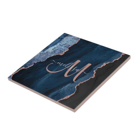 Chic Blue Rose Gold Agate Script Monogram Custom Fliese (Seite)