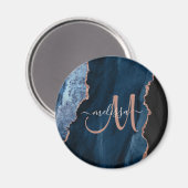 Chic Blue Rose Gold Agate Script Monogram Custom Magnet (Vorderseite/Rückseite)