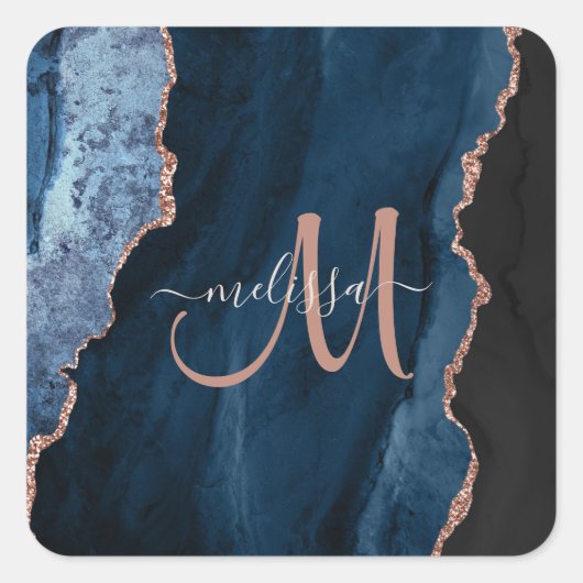 Chic Blue Rose Gold Agate Script Monogram Custom Quadratischer Aufkleber (Vorderseite)