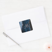 Chic Blue Rose Gold Agate Script Monogram Custom Quadratischer Aufkleber (Umschlag)