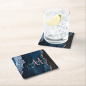 Chic Blue Rose Gold Agate Script Monogram Custom Rechteckiger Pappuntersetzer (Vor Ort)