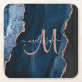 Chic Blue Rose Gold Agate Script Monogram Custom Rechteckiger Pappuntersetzer (Vorderseite)