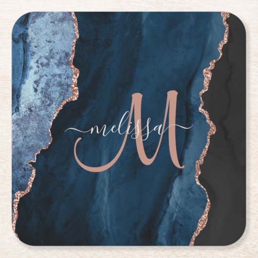 Chic Blue Rose Gold Agate Script Monogram Custom Rechteckiger Pappuntersetzer (Vorderseite)