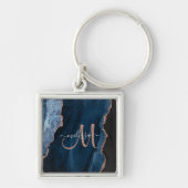 Chic Blue Rose Gold Agate Script Monogram Custom Schlüsselanhänger (Vorne)