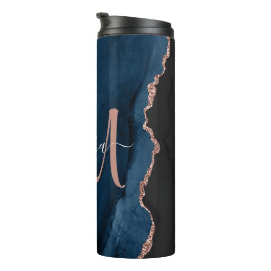 Chic Blue Rose Gold Agate Script Monogram Custom Thermosbecher (Nach rechts gedreht)