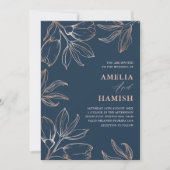 Chic Blue & Rose Gold Foliage 1 Foto Hochzeit Einladung (Vorderseite)
