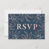 Chic Blue & Rose Gold Foliage UAWG QR Code Wedding RSVP Karte (Vorderseite)