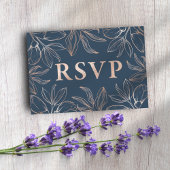 Chic Blue & Rose Gold Foliage UAWG QR Code Wedding RSVP Karte