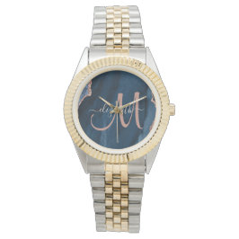 Chic Blue Rose Gold Glitzer Agate Custom Monogram Armbanduhr