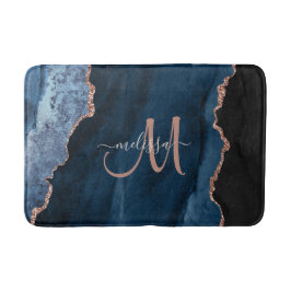 Chic Blue Rose Gold Glitzer Agate Custom Monogram Badematte