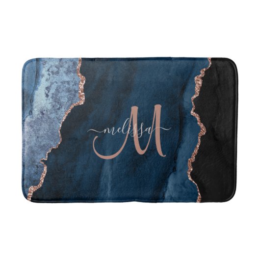 Chic Blue Rose Gold Glitzer Agate Custom Monogram Badematte (Vorderseite)