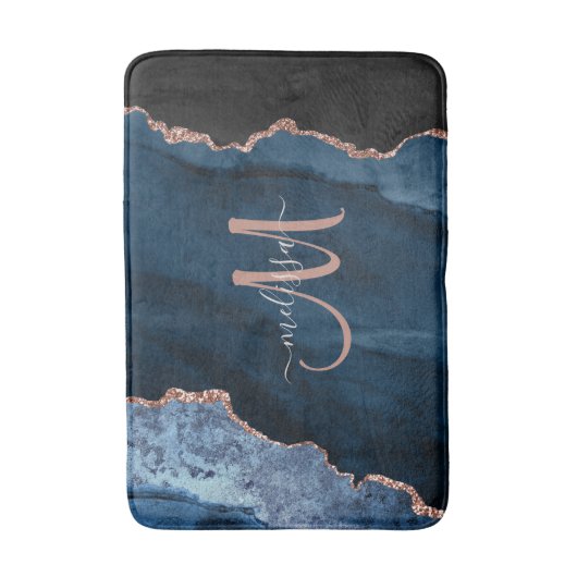 Chic Blue Rose Gold Glitzer Agate Custom Monogram Badematte (Vorderseite Vertikal)